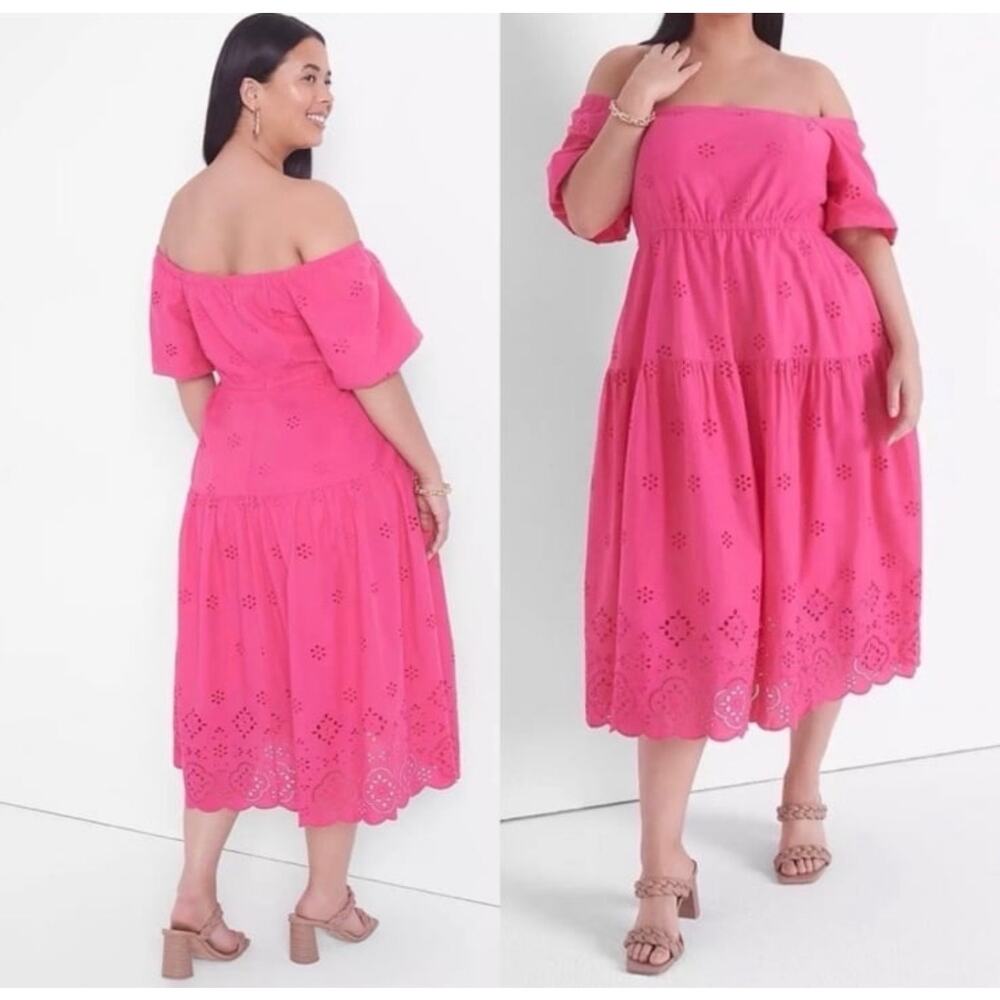 Lane Bryant Pink Eyelet Puff Sleeve Coquette Midi Dress 24 Off Shoulder Summer